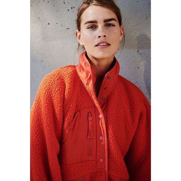 Free People FP Movement Hit The Slopes Fleece Jacket Coral Red Sherpa Size XL - Picture 4 of 16
